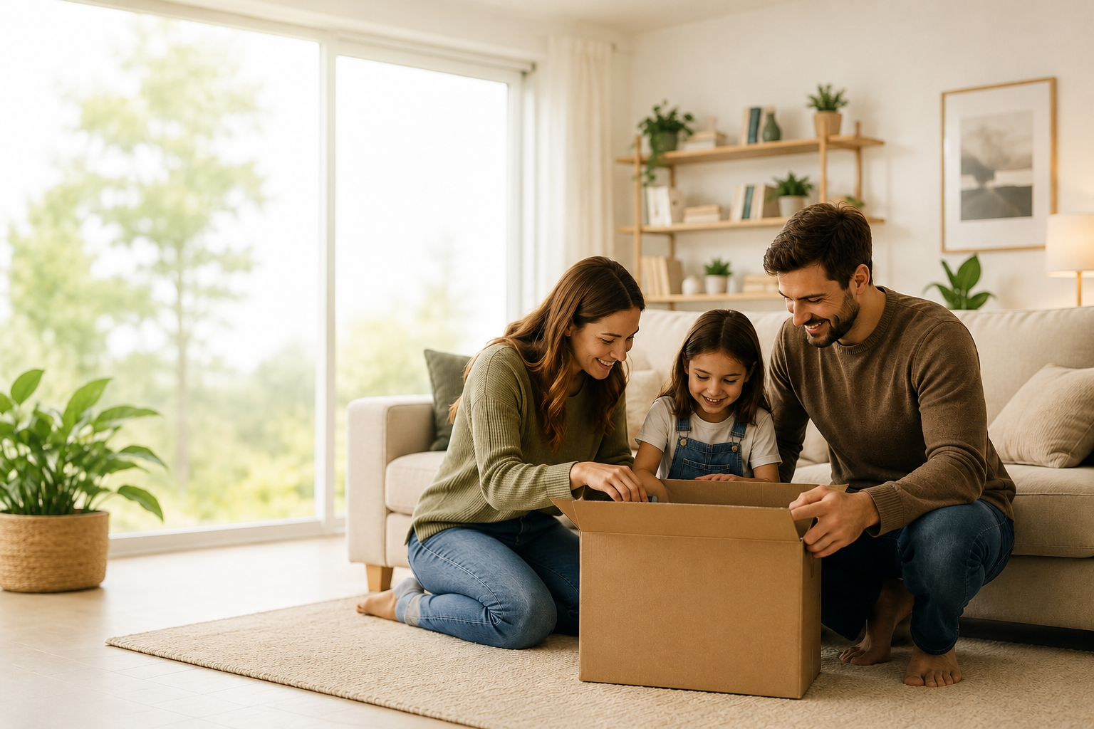 Family unpacking a delivery box at home